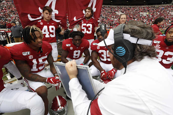 Defensive coordinator Pete Golding talks to the defense against Western Carolina